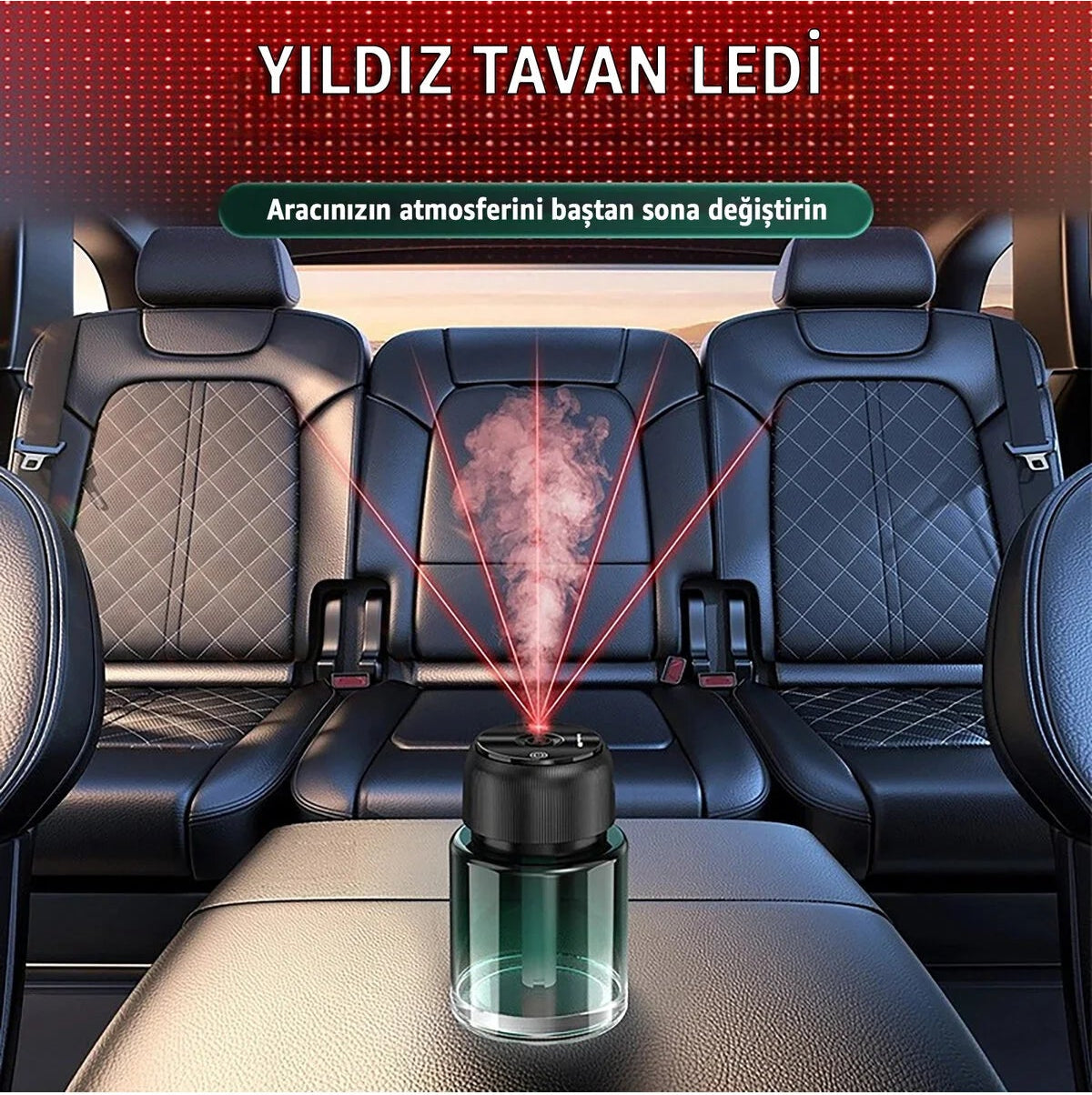 Araç İçi Hava Nemlendirici ve Difüzör– Aromaterapi, Yıldız Tavan Yansıtma, Taşınabilir Şarjlı