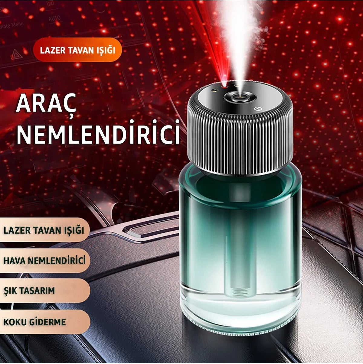 Araç İçi Hava Nemlendirici ve Difüzör– Aromaterapi, Yıldız Tavan Yansıtma, Taşınabilir Şarjlı