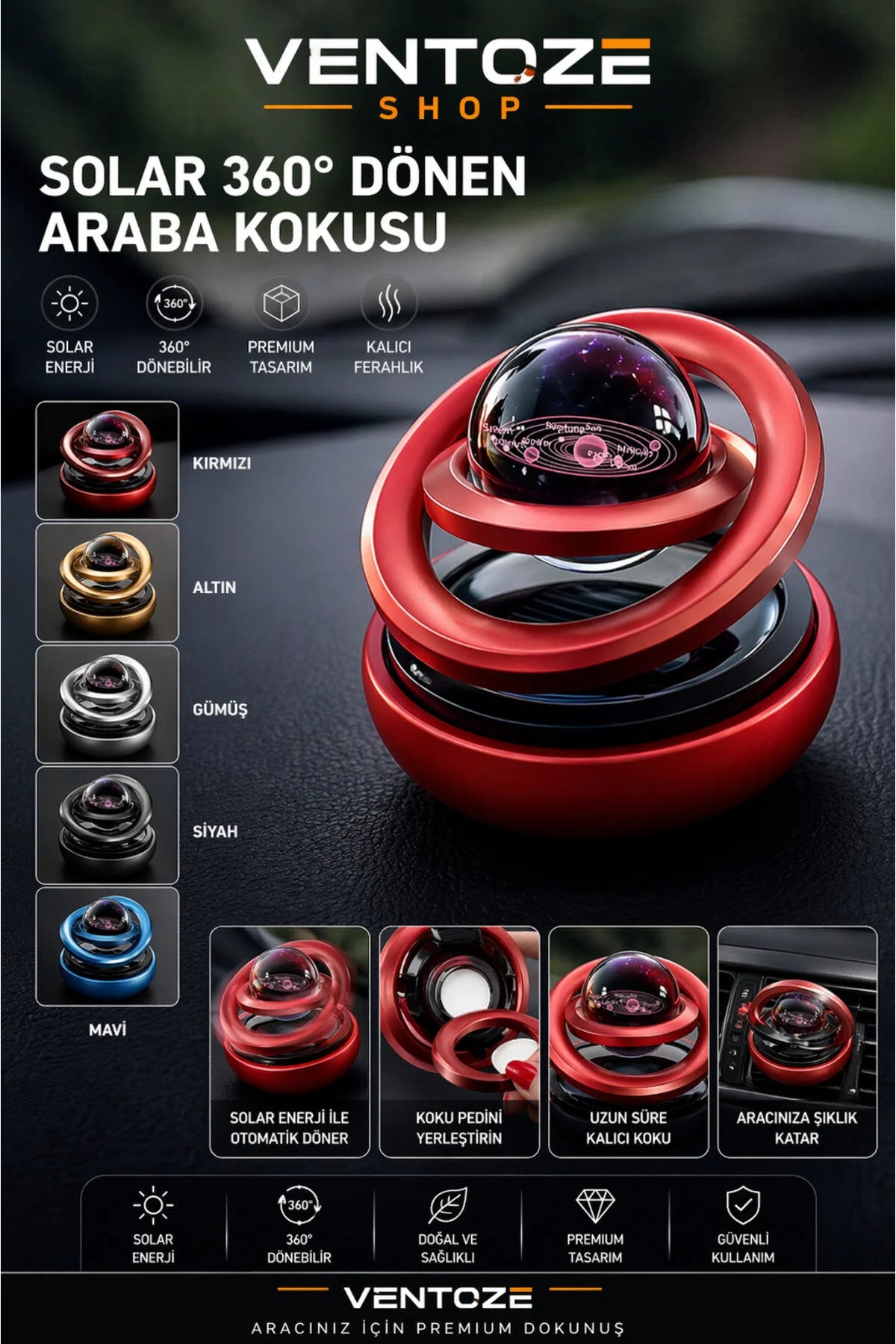 Solar Güneş Enerjili 360 Derece Dönen Kristal Galaksi Küre Araba Kokusu Ve Dekoratif Aksesuar