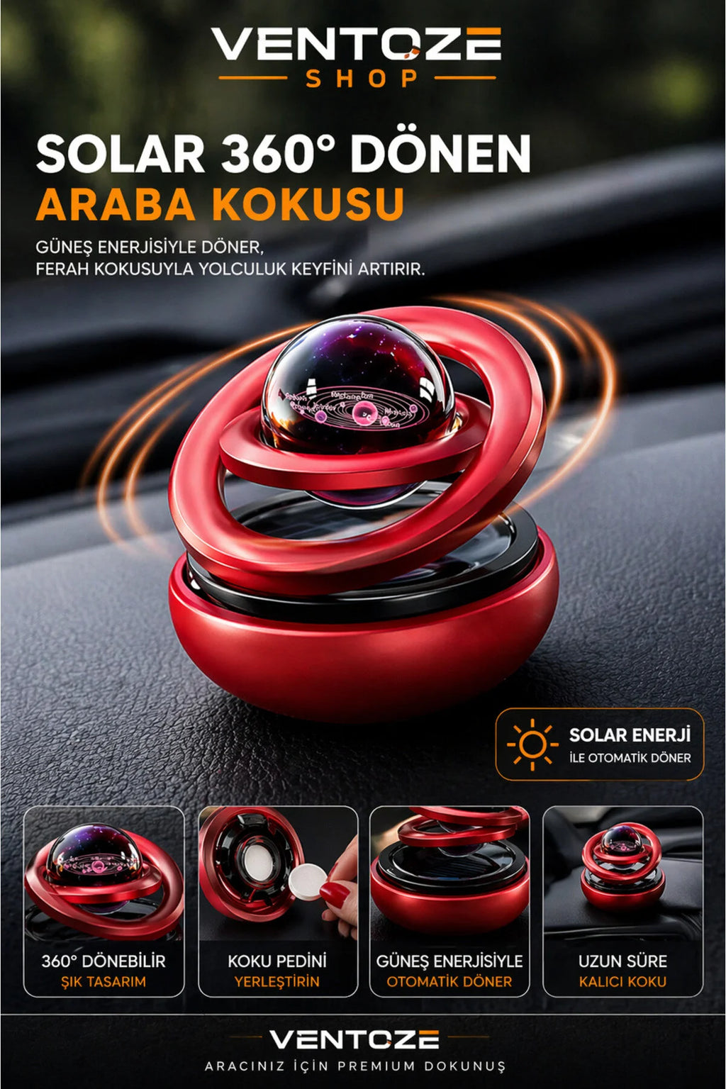 Solar Güneş Enerjili 360 Derece Dönen Kristal Galaksi Küre Araba Kokusu Ve Dekoratif Aksesuar